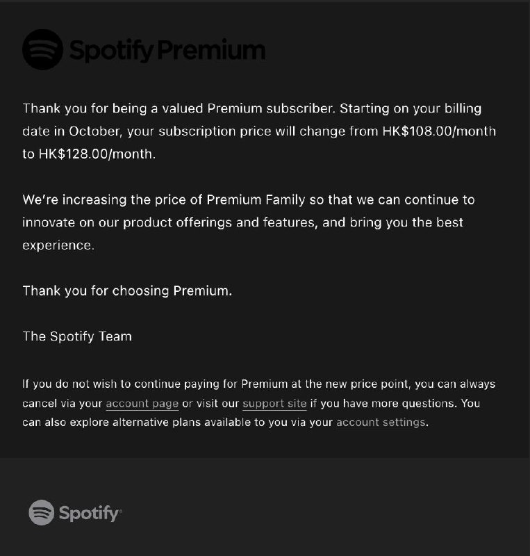 #spotify 港区 Spotify 家庭版涨价了 从 108 HKD/month -> 128 HKD/month